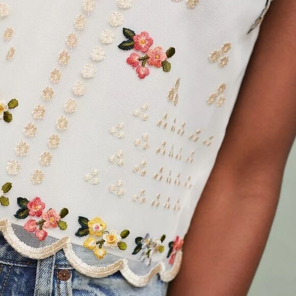 NWT Anthro Sahil Kochhar Whote Dylan Embroidered Button Back Mesh Tank Top XS - Picture 3 of 10